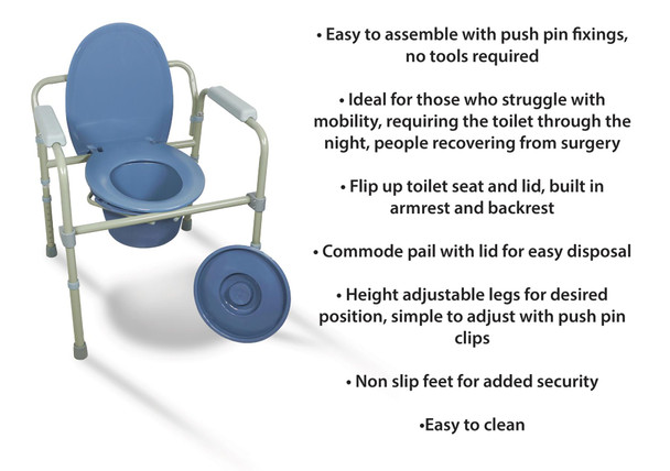 Bedside Commode Chair Portable Height Adjustable Elderly & Disabled