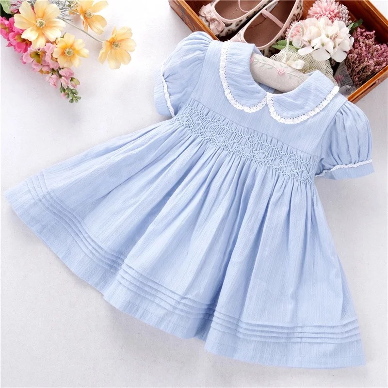 Tahnee Smock Dress in Blue with White Seashell Embroidery