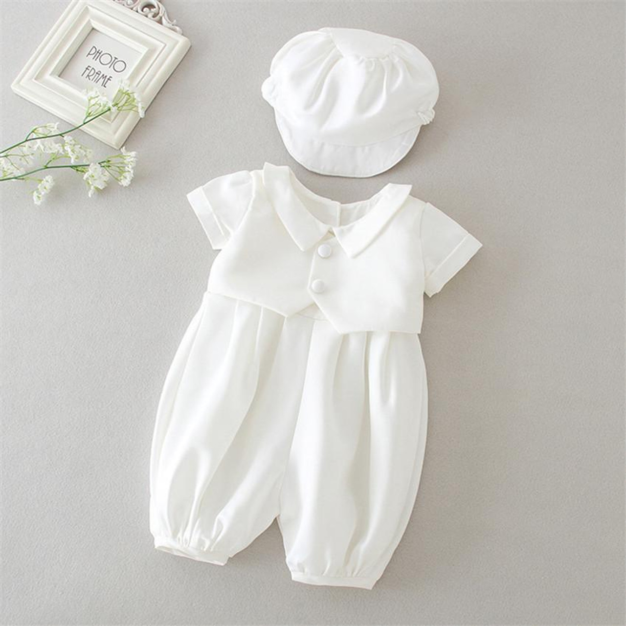 George Christening Romper with Coordinating Hat