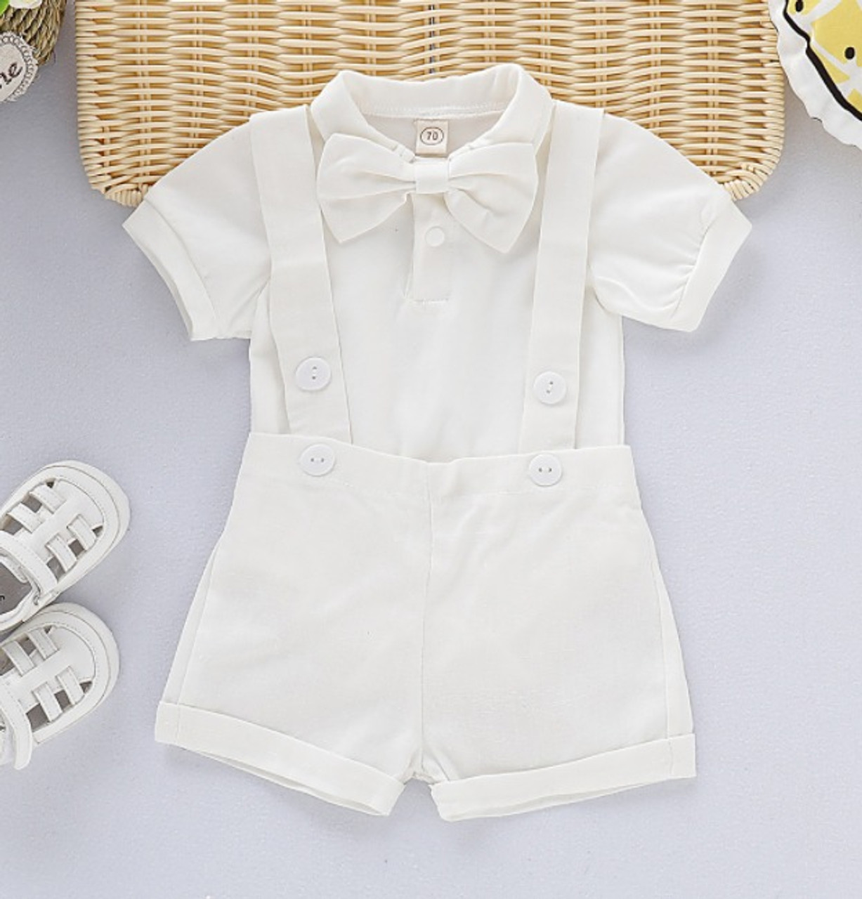 White and Grey Boy Baptism Outfit with Bow Tie & Accents