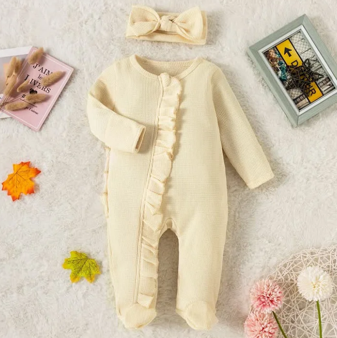 Newborn Baby Footie Romper - Ribbed Cotton Onesie With Zipper, Ruffle Detail, For 0-6 Months, Unisex