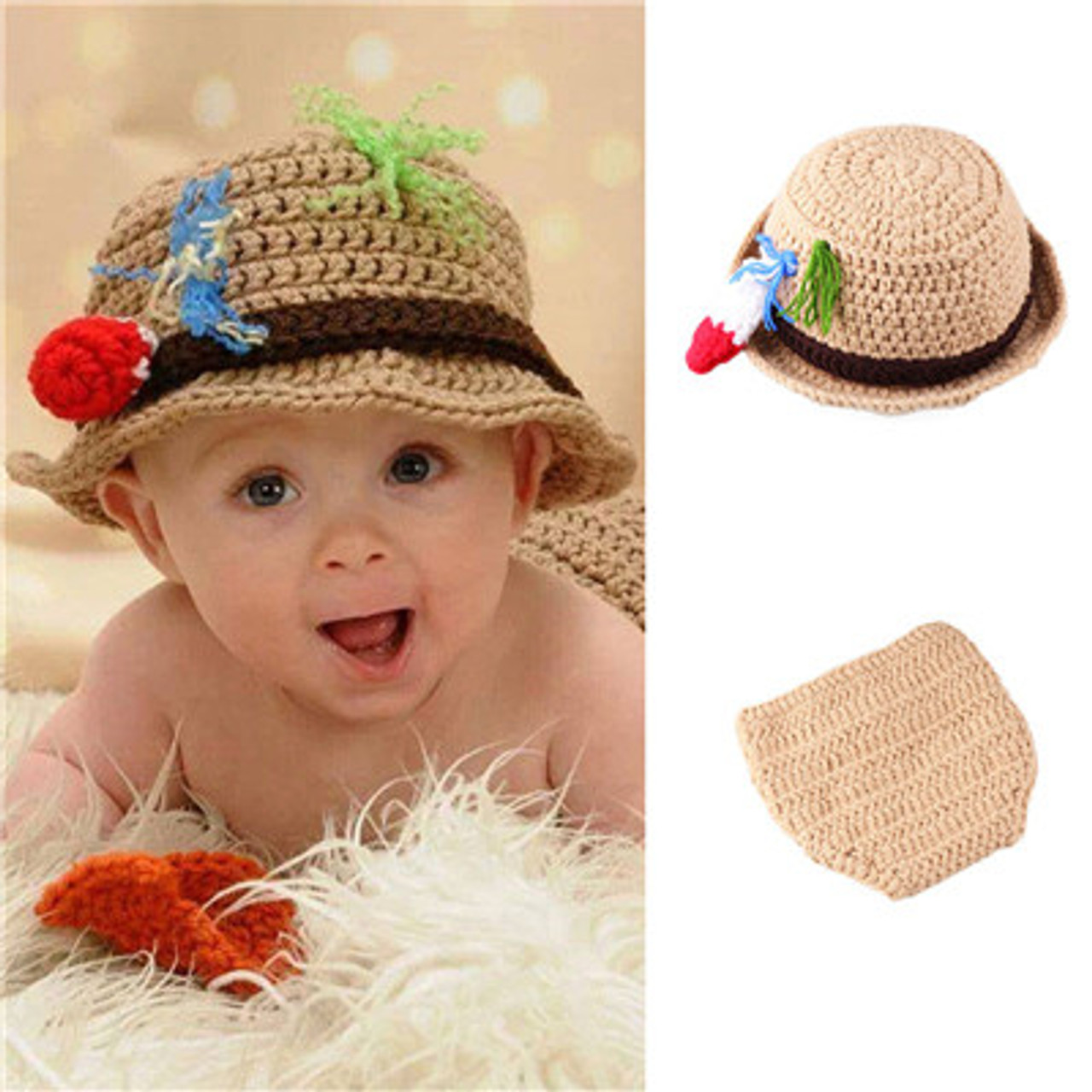 Newborn Photography Props Shoot Outfits Crochet Fishing Fisherman & Fish  Hat Diaper Shoes