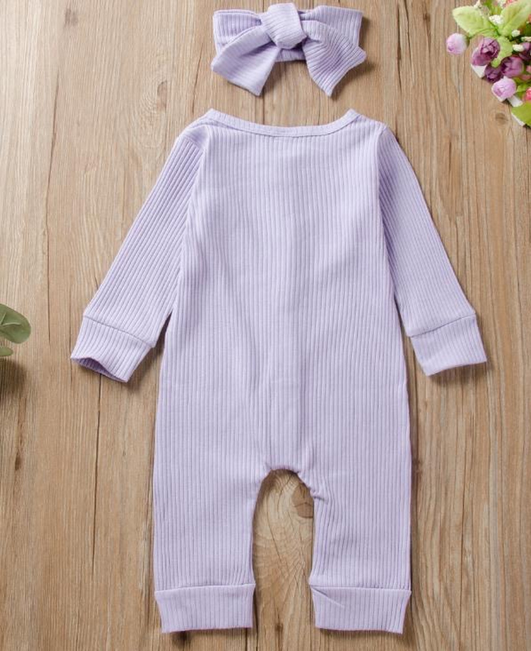 Lynn Lavender Fields Ribbed Button Romper with Headband