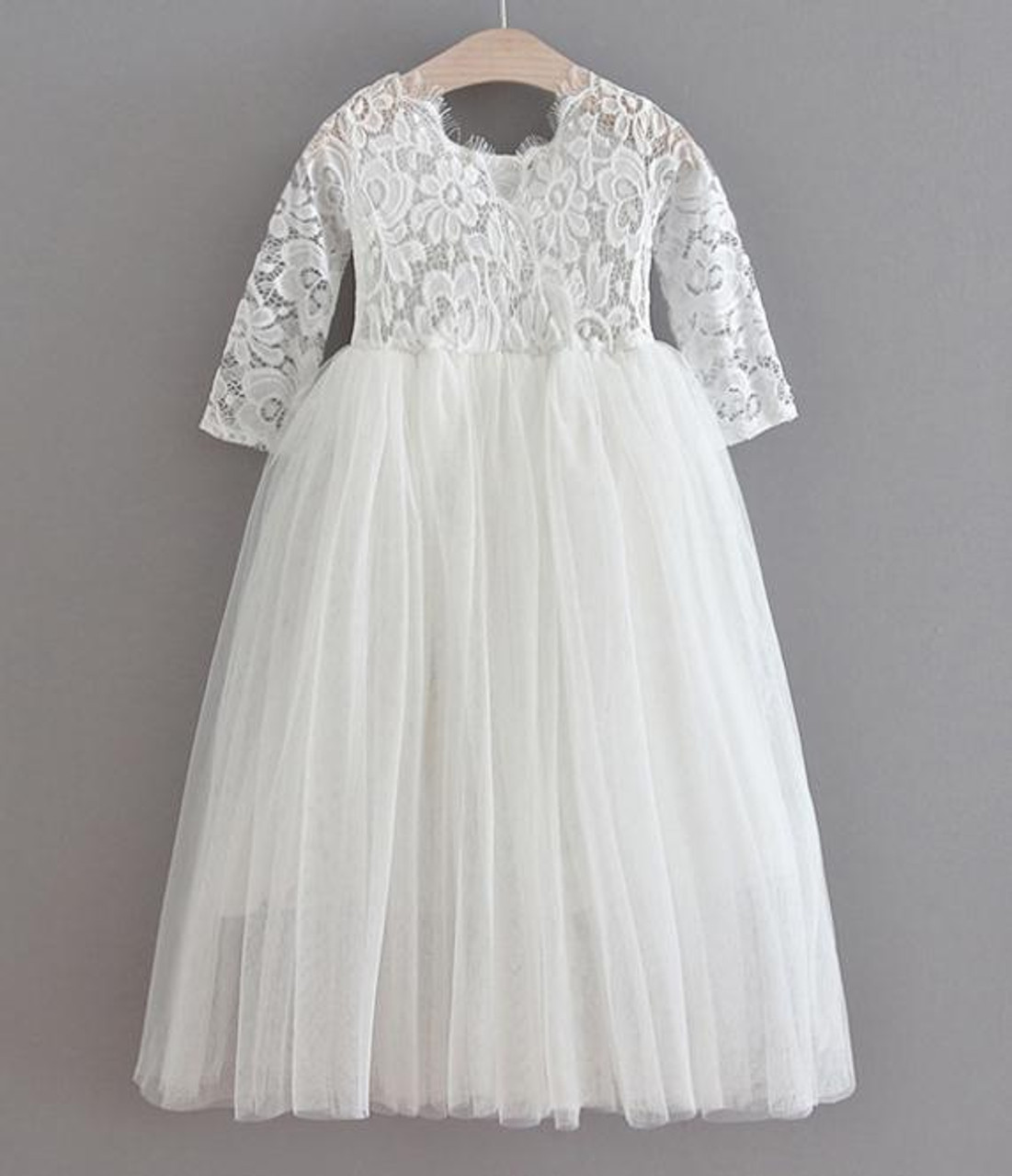 Kaitlin White Tea-Length Tiered Flower Girl Dress