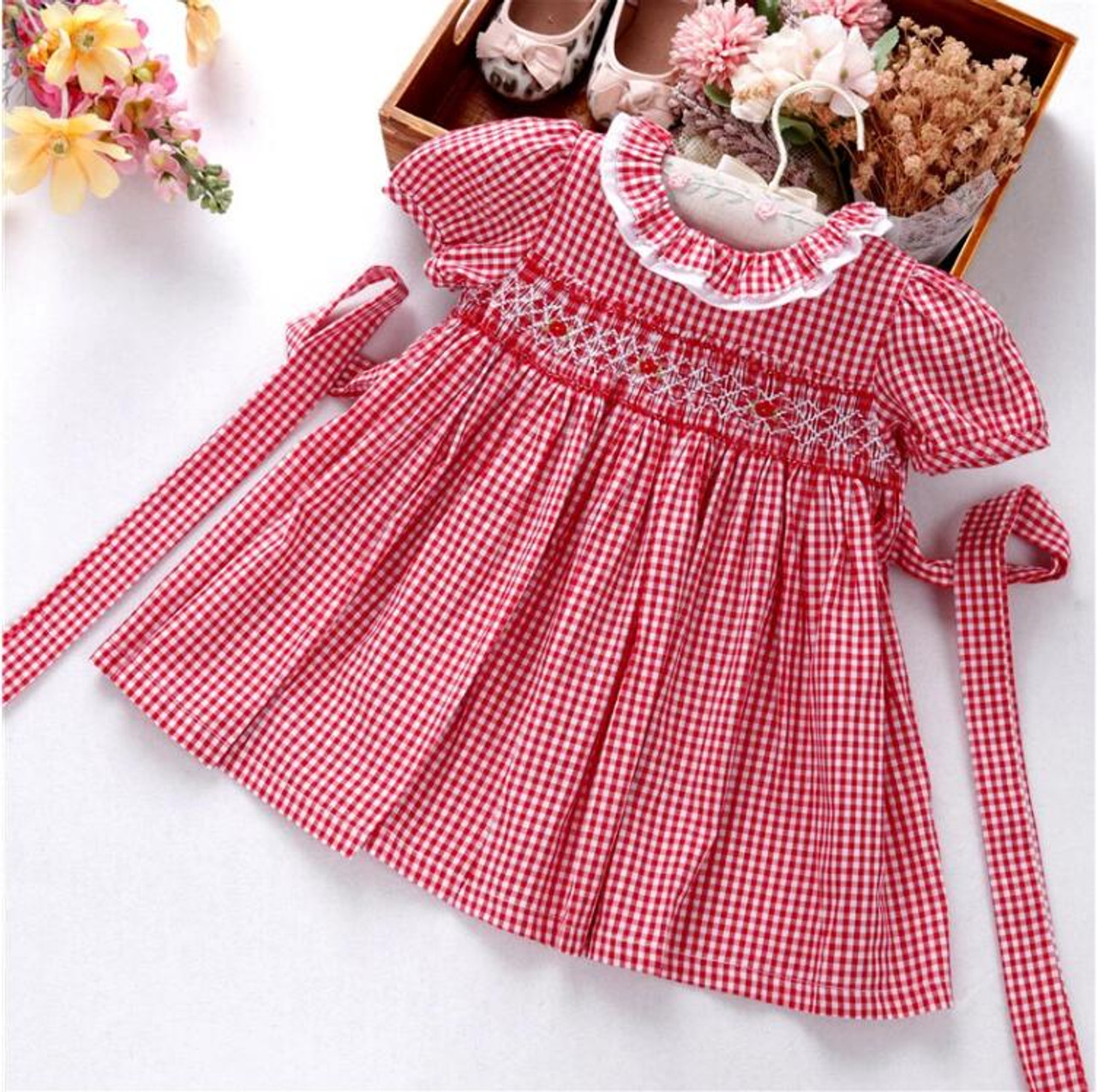 Courtney Red Gingham Smocked Dress with Embroidery