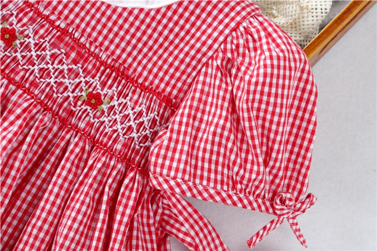 Courtney Red Gingham Smocked Dress with Embroidery