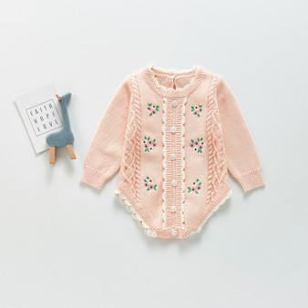 baby girls pink floral knit spring romper