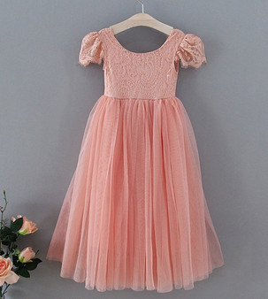 girls short sleeve peach flower girl dress