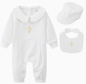 baby boys cross after baptism outfit with hat and bib