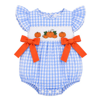 baby girls blue smocked pumpkin fall romper