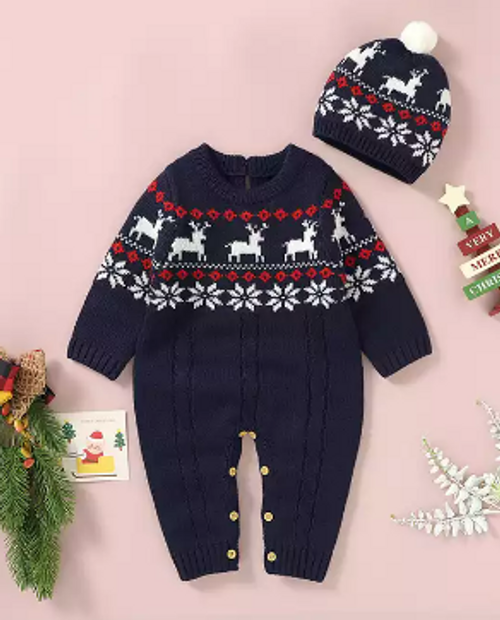 baby boys navy cable knit romper with hat