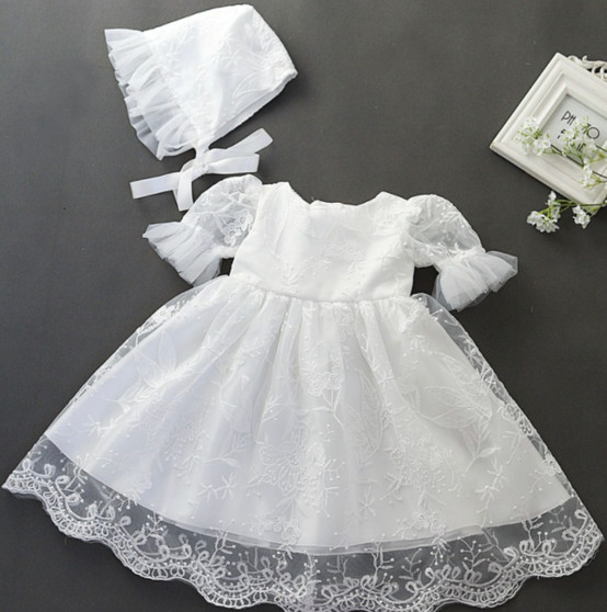 baby girls lace short sleeve baptism dress christening dress with bonnet