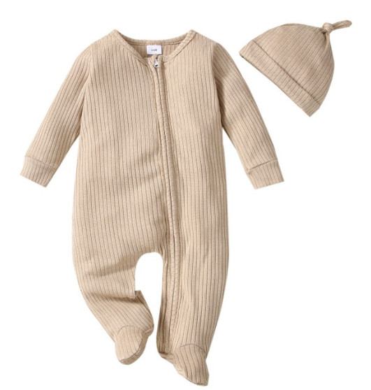 baby brown beige knit zipper footie