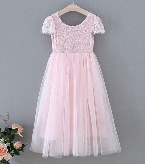 girls short sleeve pink flower girl dress