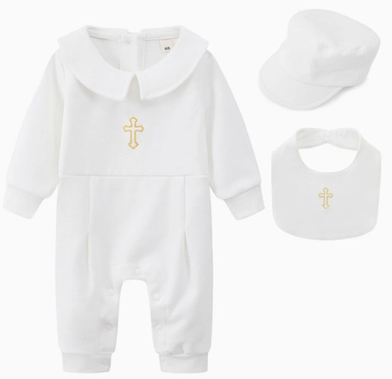 baby boys cross after baptism outfit with hat and bib