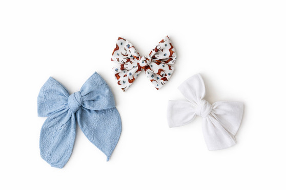 Country Charm Bow Trio boutique girls hair bow set featuring blue lace, white textured, and woodland deer print bows for babies and toddlers