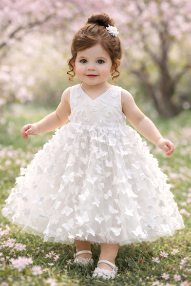 girls butterfly blooming white flower girl dress