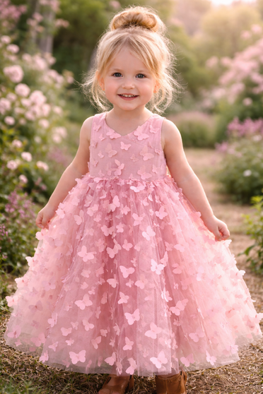 girls butterfly blooming rosa pink flower girl dress