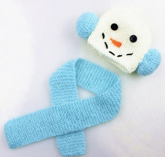 Blue snowman crochet photography prop for baby boys and girls.