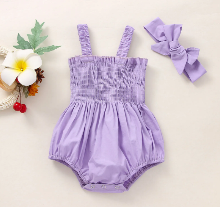 Pen Girls Lilac Smocked Romper with Headband