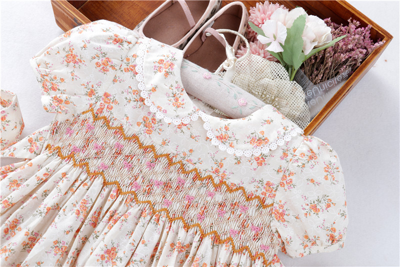 Cecilia Peach Smocked Floral Dress with Embroidery