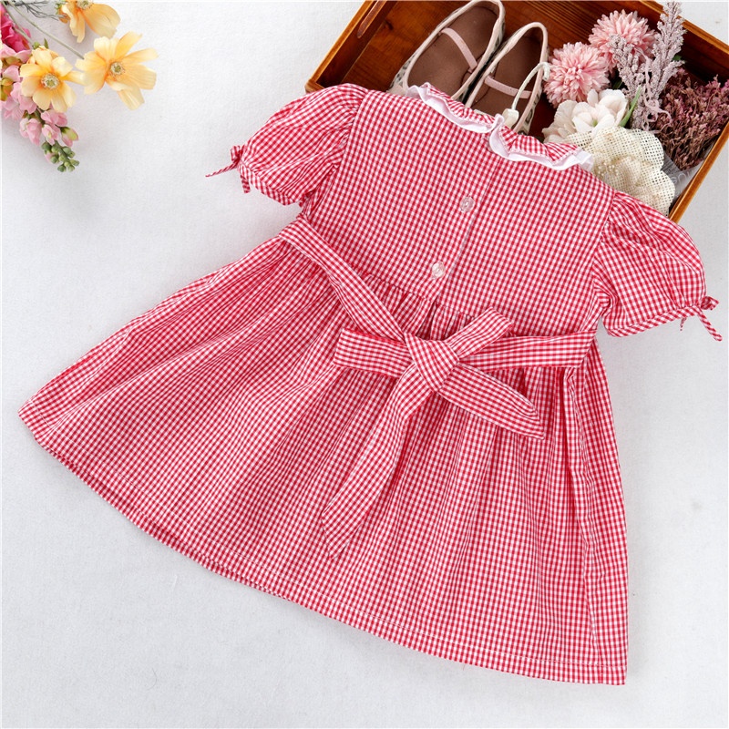 Courtney Red Gingham Smocked Dress with Embroidery