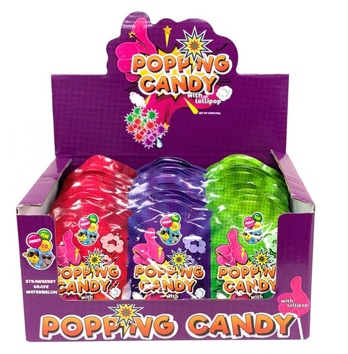 Popping candy with lollipops. Strawberry, Grape and Watermelon Flavoured.