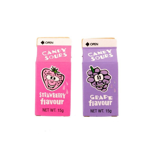 Small cartons filled with Sour Candies - Strawberry and Grape Flavours