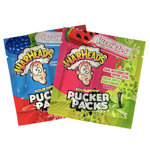 “Lick & Dip” candy with BOTH a SOUR stick and SOUR powder!
Two flavours  - 
Sour Blue Raspberry Dippin’ Stick & Strawberry Sour Powder
Sour Watermelon Dippin’ Stick & Green Apple Sour Powder