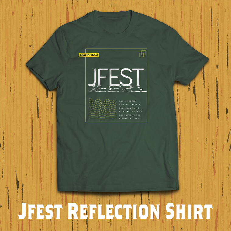 This olive green Jfest shirt features the name of the festival reflected on itself, with a few details about Jfest.