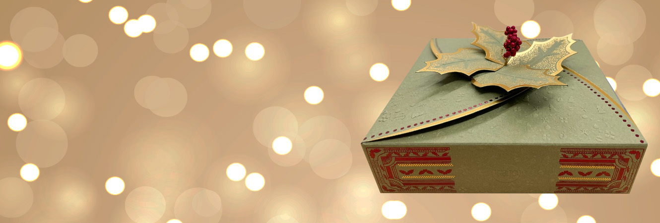 Holiday rigid box with gold foil and an intricate close-open fold, featuring header text and a call-to-action button.