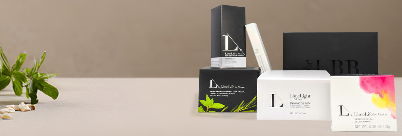 Beauty-branded folding carton packaging with header &ldquo;Stand Out with Custom Packaging&rdquo; and sub-head about premium, sustainable presentation.