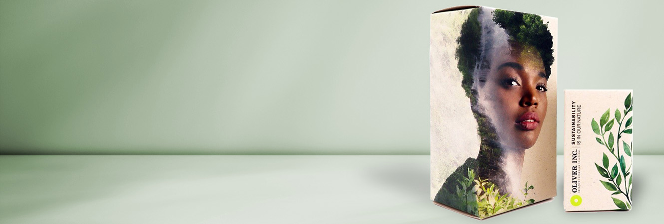 A promotional graphic featuring the headline &ldquo;Green Packaging, Premium Quality.&rdquo; The message highlights Oliver Inc.&rsquo;s sustainable packaging capabilities, including the use of FSC&reg;-certified boards and energy-efficient production processes. The graphic com