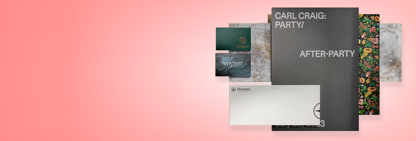 Promotional graphic featuring Oliver Inc's custom branded marketing kits. The design highlights coordinated print solutions, including booklets, folios, direct mail, and business cards, brought together to create cohesive campaigns backed by reliable qual
