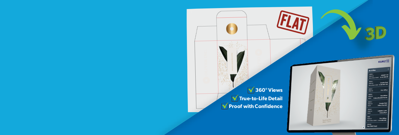 Promotional graphic highlighting Oliver Inc's 3D proofing capabilities. The design features the headline "Confidence Starts with 3D Proofing" and explains how 360&deg; product views, realistic foil simulations, and finishing effects allow brands to review and