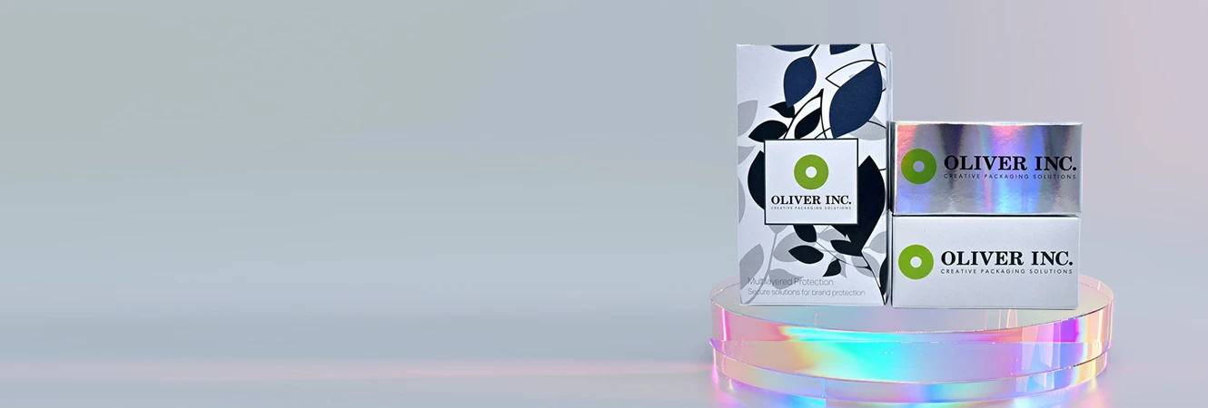 Promotional image highlighting Oliver Inc. custom packaging with premium finishes and sustainable solutions designed to elevate brands.