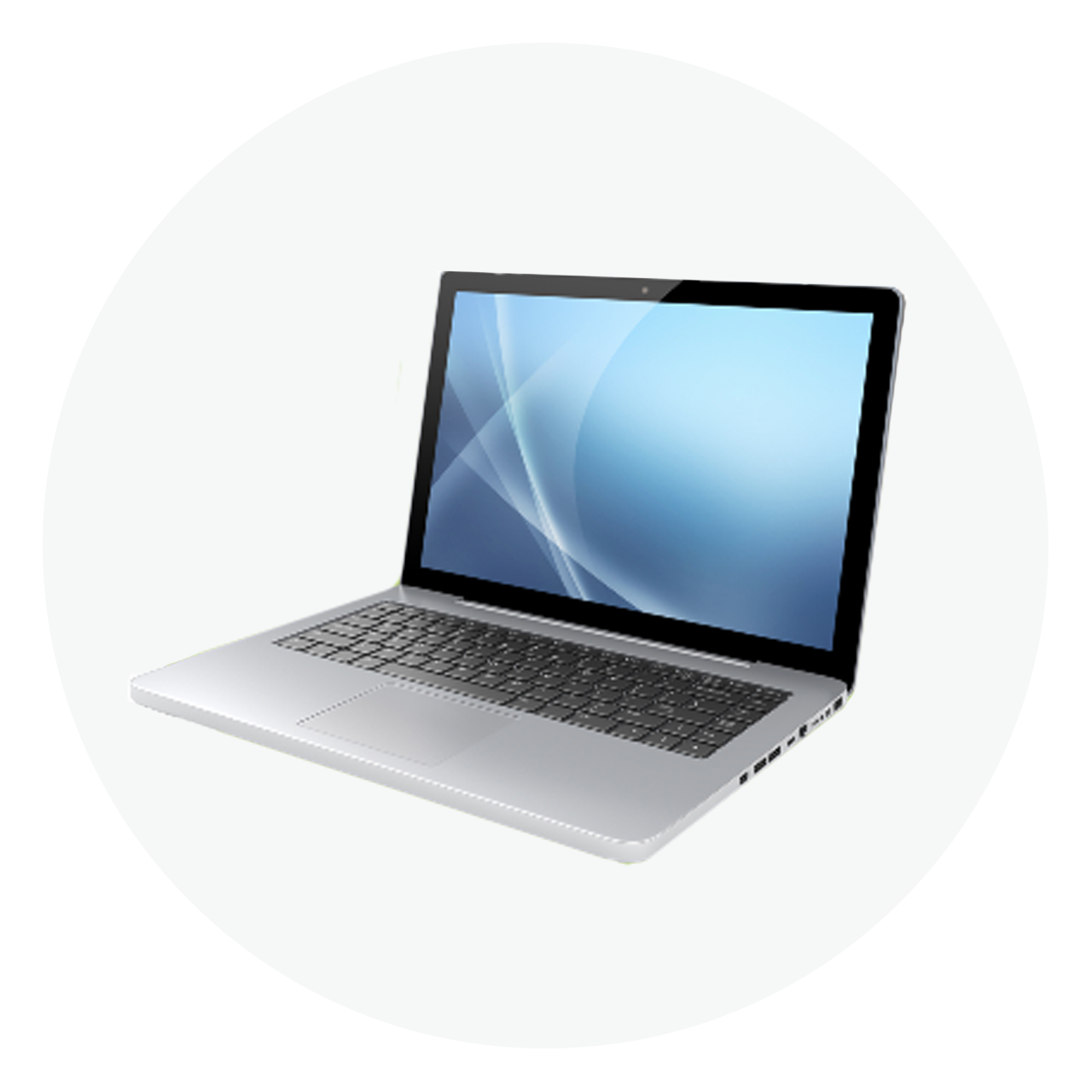Modern silver laptop with gradient screen, isolated on white background.
