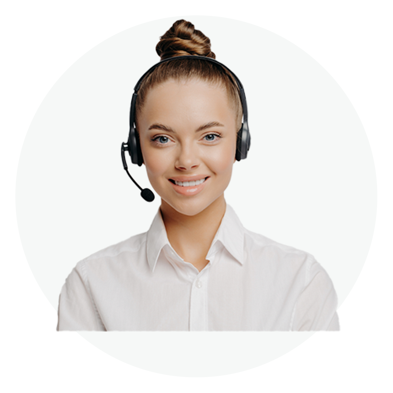 Smiling female support agent wearing a headset and white shirt, isolated on white background.