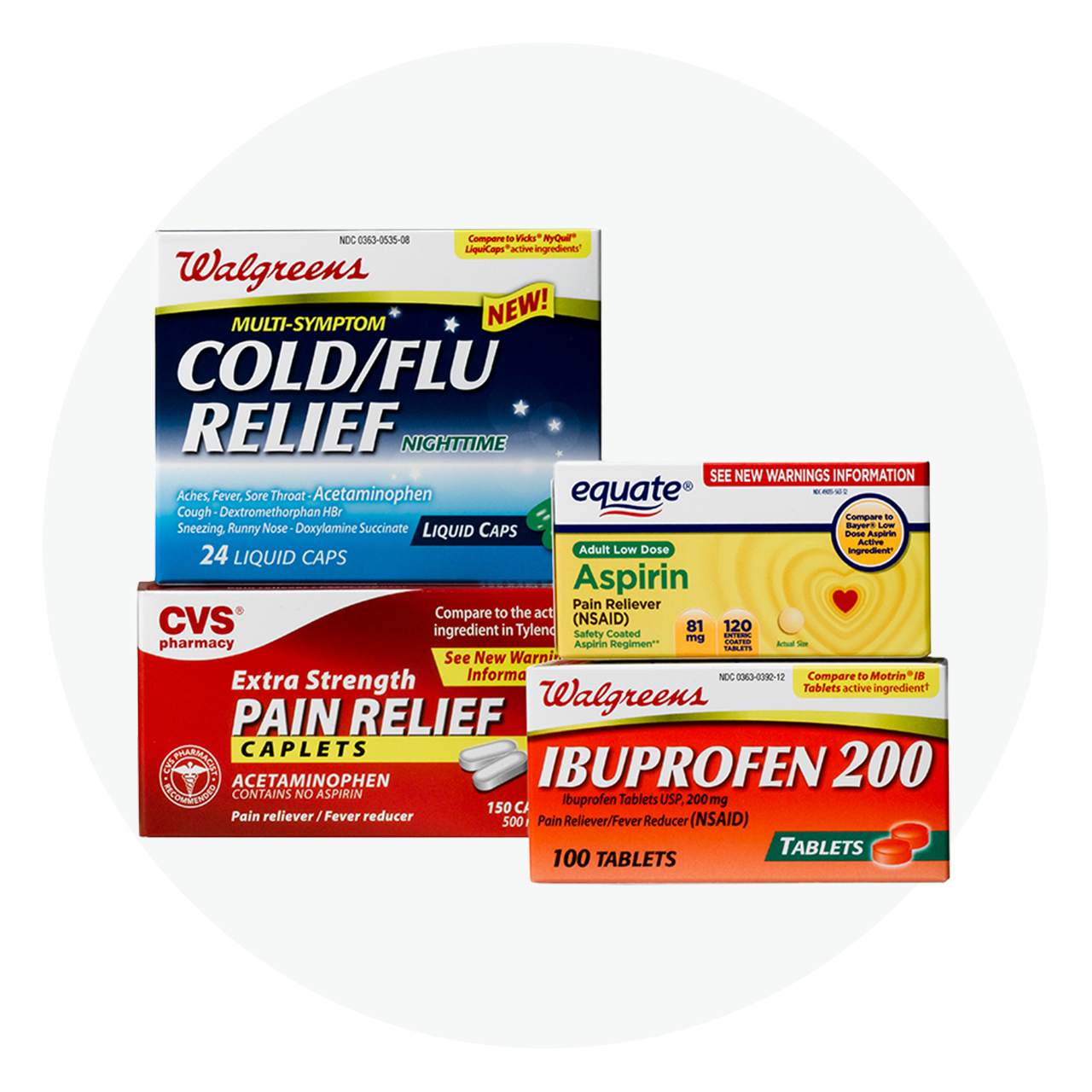 Four paperboard cartons for over-the-counter medication with structured layouts.