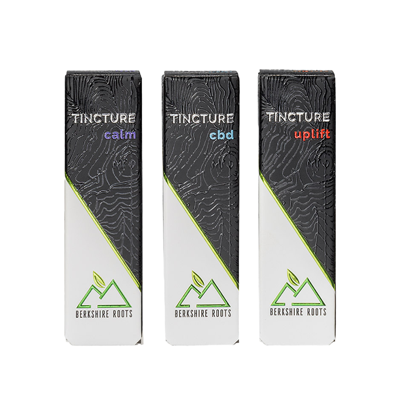 Three tuck end cartons with black embossed pattern and holographic foil detail.