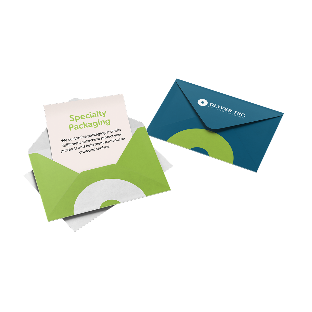 Color-matched envelopes with printed inserts for marketing mail campaigns.