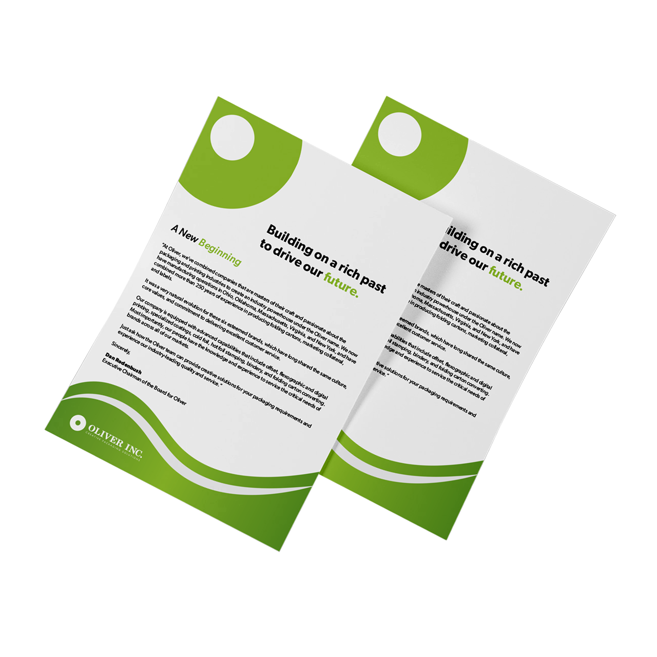 Pair of matte printed flyers with bold branding and colored graphic elements.