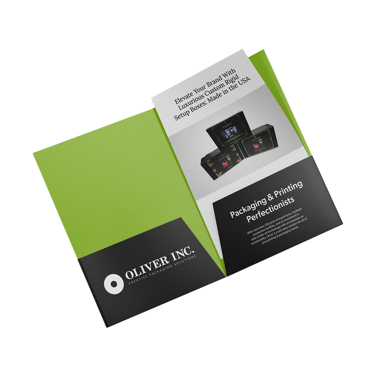Custom presentation folder with insert flap holding a printed brochure