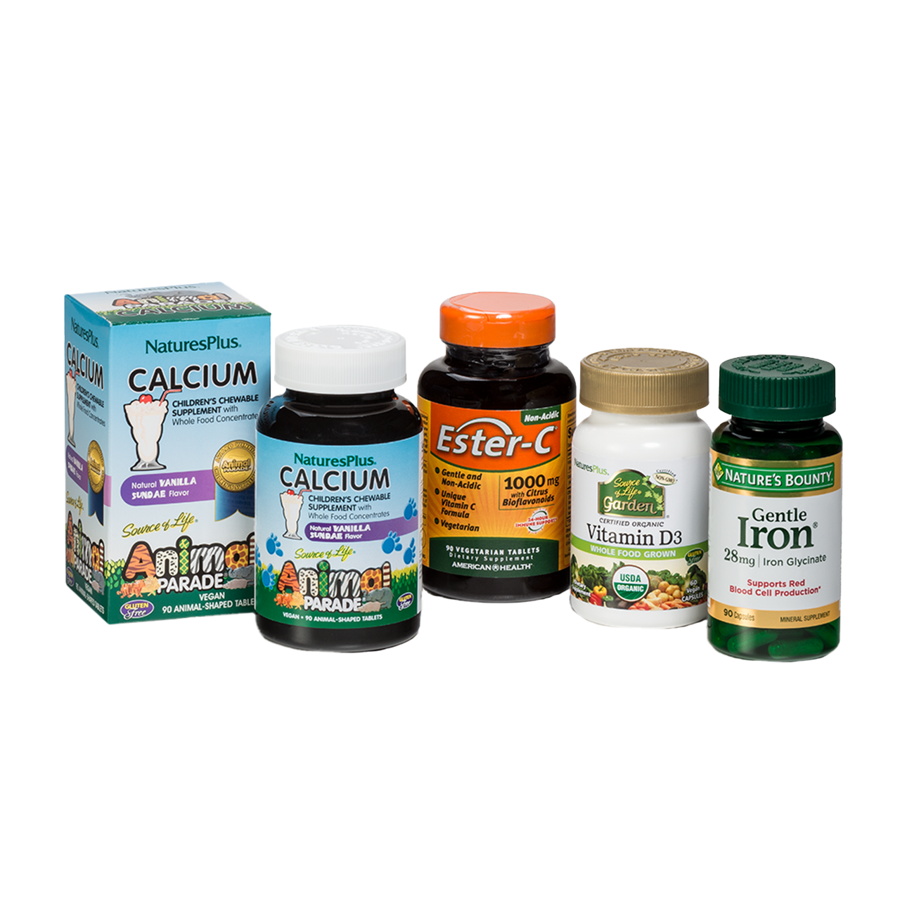 Folding cartons and vitamin bottles stickers in a health-focused product set