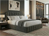 Full view of Miranda ottoman storage bed frame upholstered in luxury charcoal velvet fabric with fluted headboard