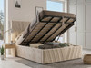 ​"A pale cream smooth velvet ottoman bed frame, lifted open to reveal a spacious deep storage compartment with a solid wooden base."