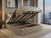 Azucena Cream Velvet Ottoman Bed frame lifted open showing gas lift mechanism and spacious internal storage