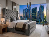 Full view of the Reina Ottoman Storage Bed Frame upholstered in luxury grey velvet fabric