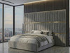 Bespoke grey fabric wall-mounted panels for king size bed frames.