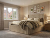 Larissa Extra High Wingback Ottoman Bed in Cream Fabric with Vertical Accent Lines - Made in UK